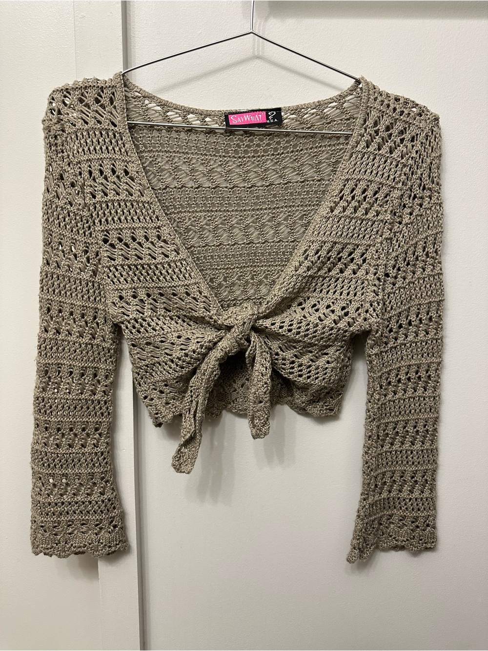 Y2K “Say What?” Crochet Tie-Front Cardigan in Taupe